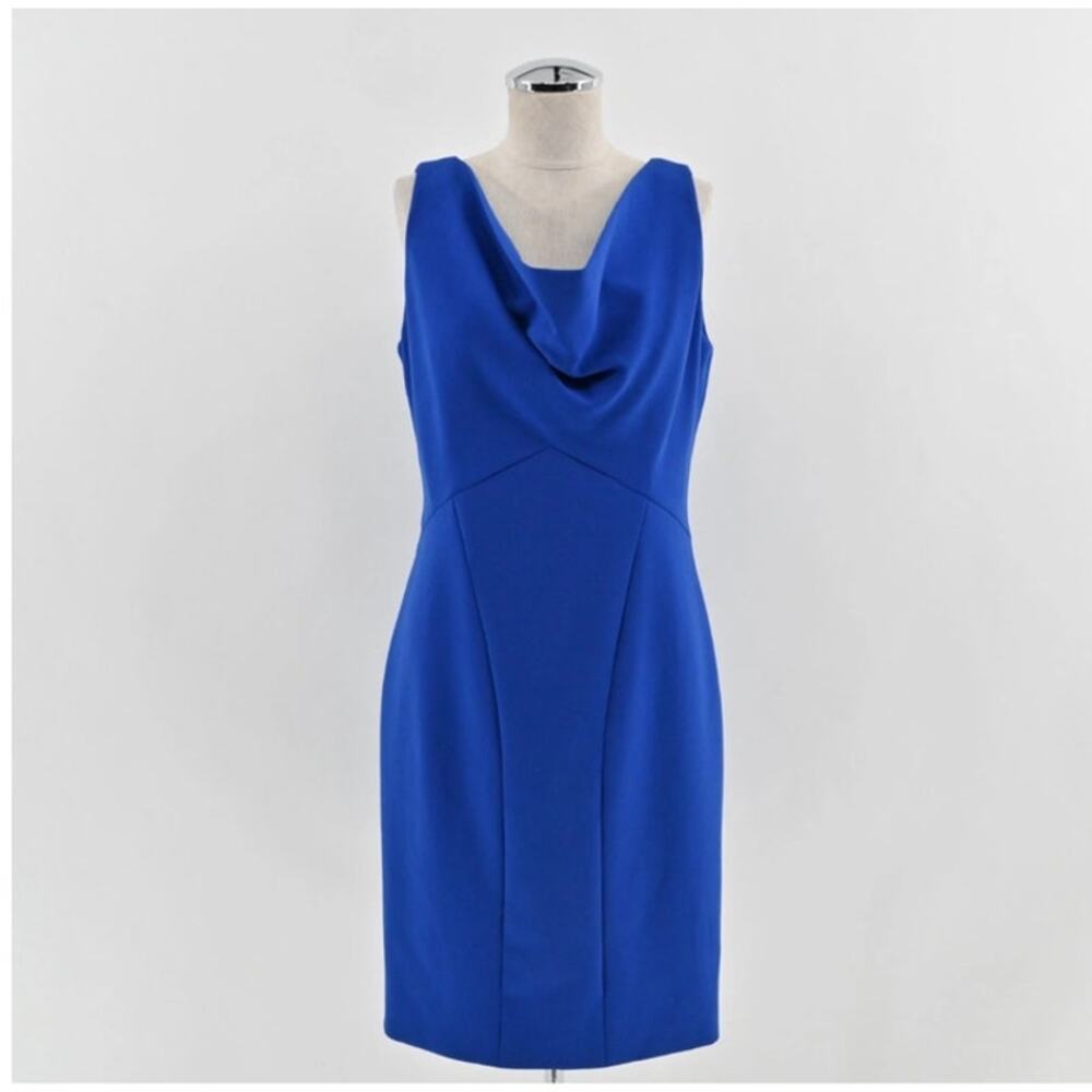 THEIA Women’s 6 Blue Cowl Neck Sheath Dress Sleeveless Stretch Classic Office